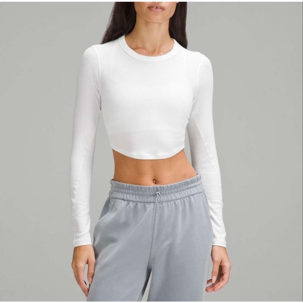 Lululemon Hold Tight Cropped Long Sleeves T-Shirt Top White Ribbed Size 8